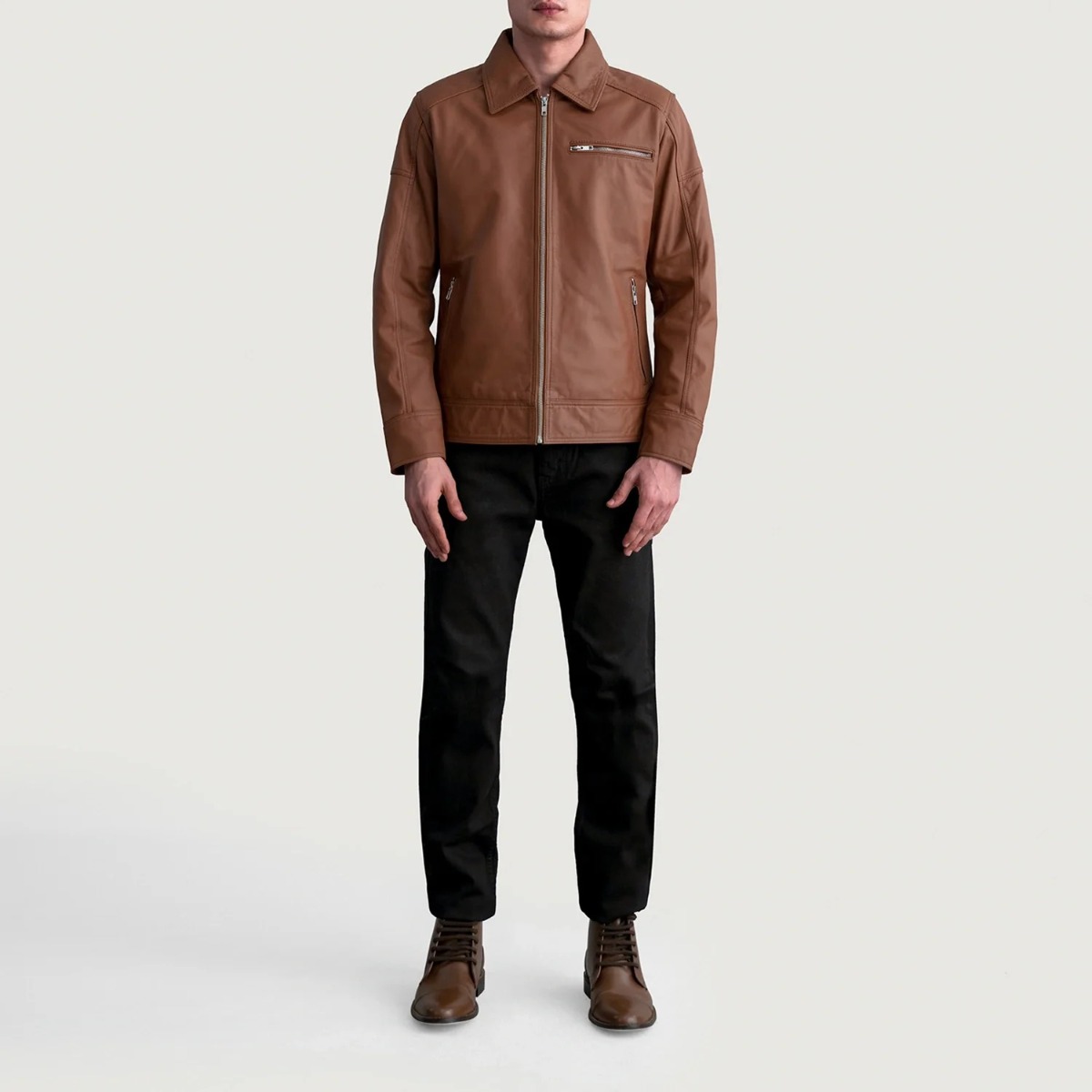 Lavendard Matte Brown Leather Biker Jacket - Image 3