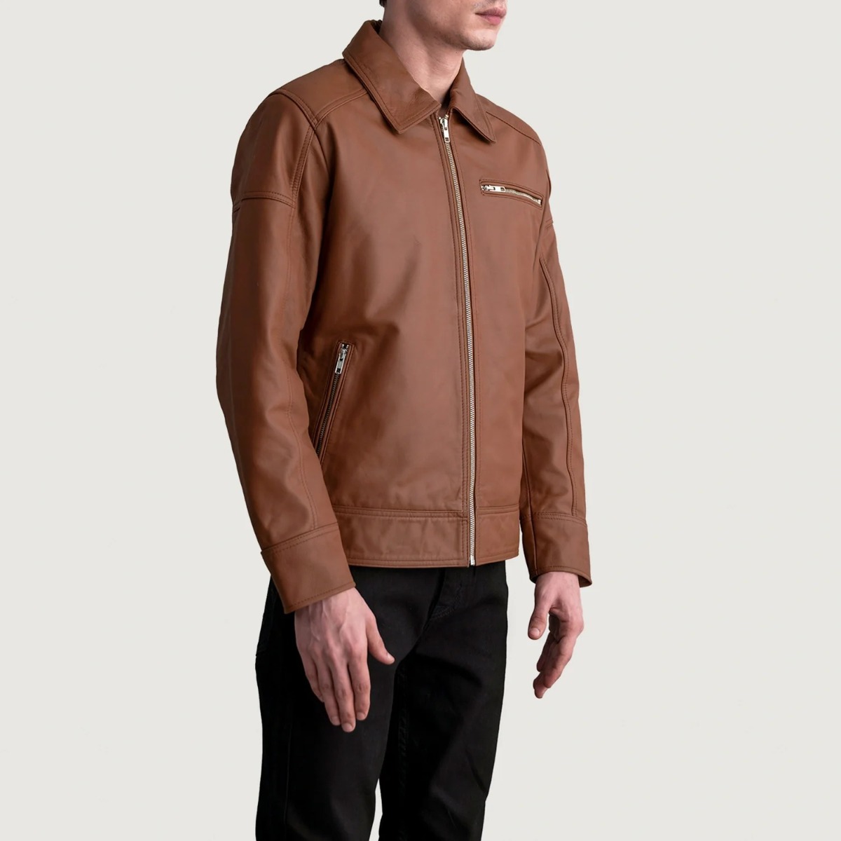 Lavendard Matte Brown Leather Biker Jacket - Image 5