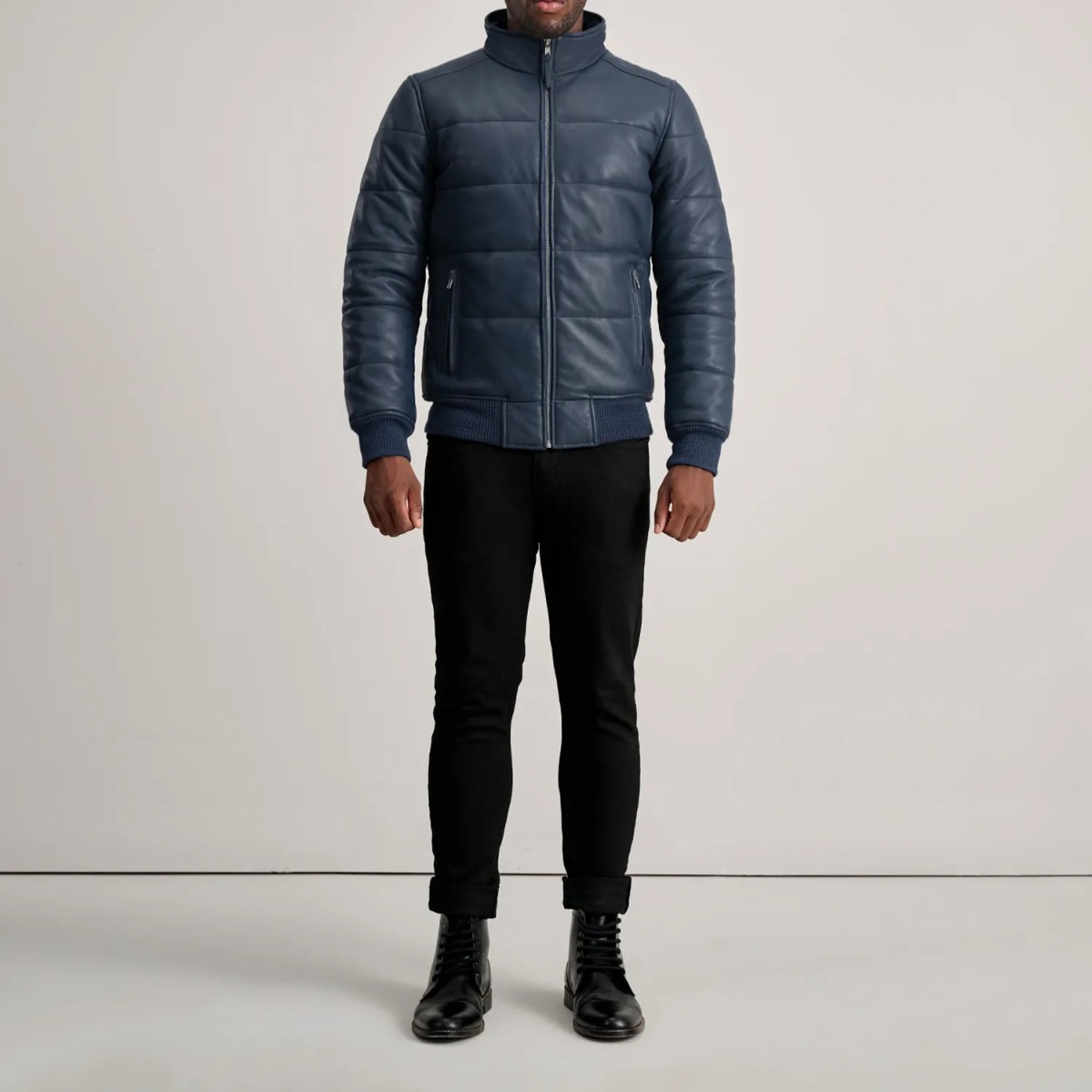 Lucas Blue Leather Puffer Bomber Jacket - Image 3