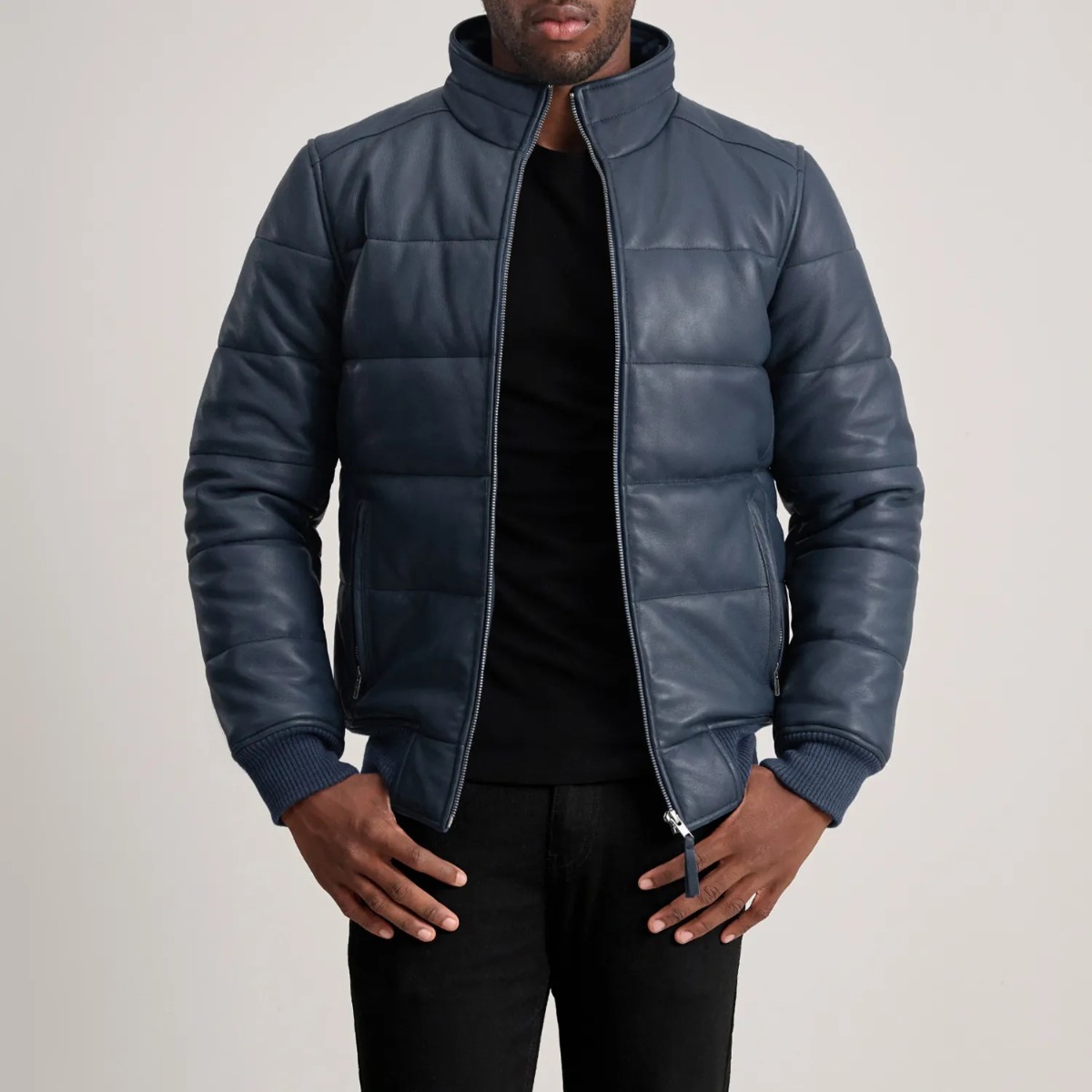 Lucas Blue Leather Puffer Bomber Jacket