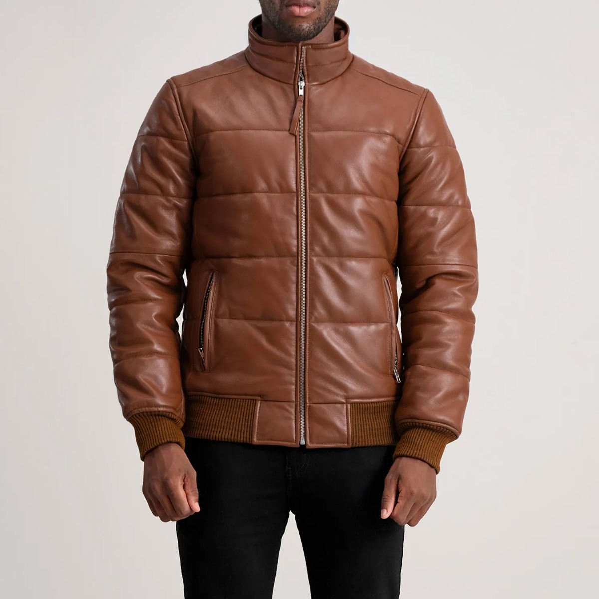 Lucas Tan Leather Puffer Bomber Jacket - Image 4