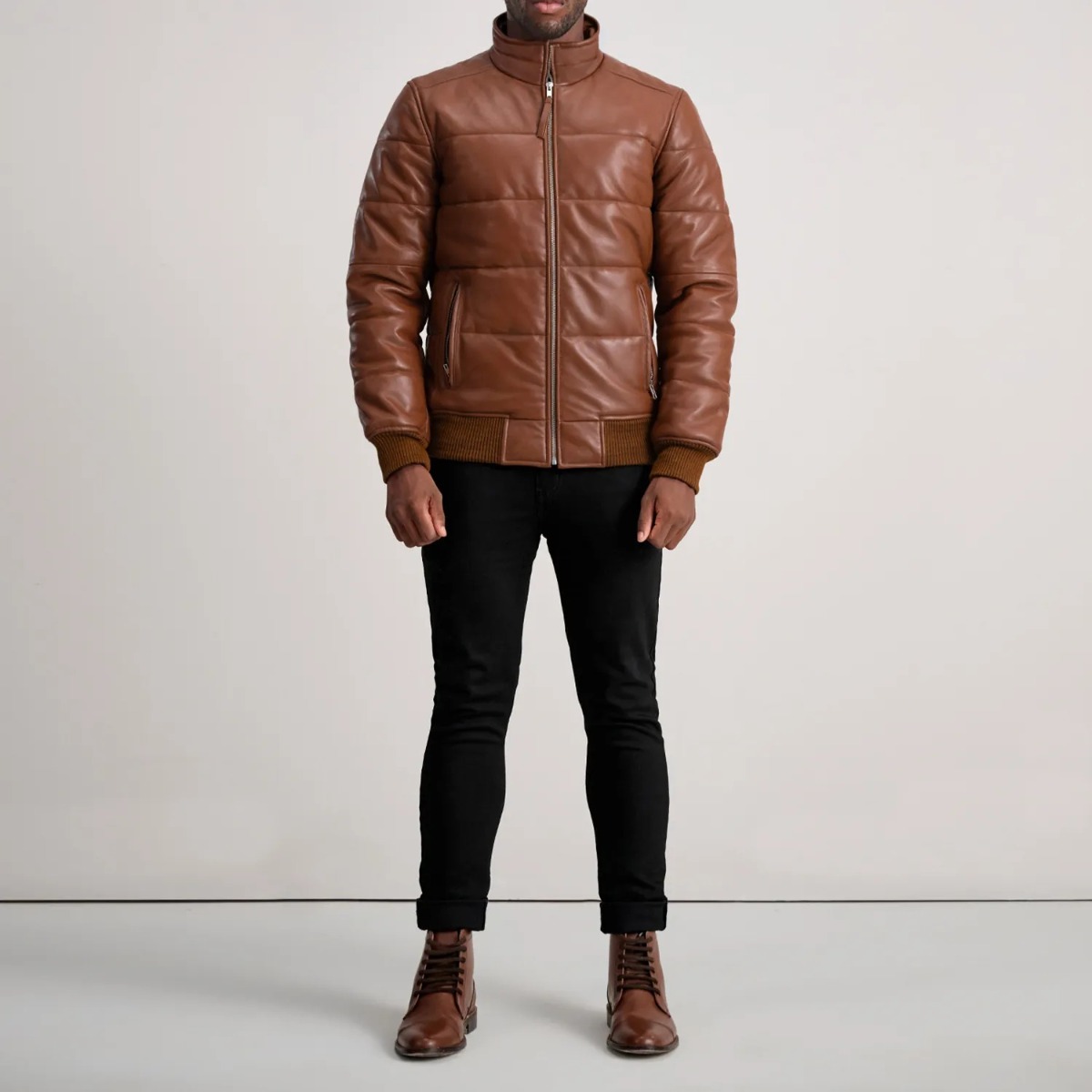 Lucas Tan Leather Puffer Bomber Jacket - Image 3