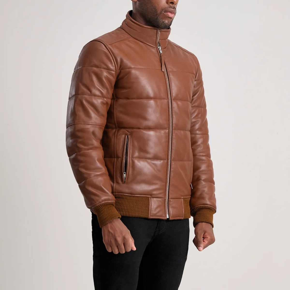 Lucas Tan Leather Puffer Bomber Jacket - Image 5