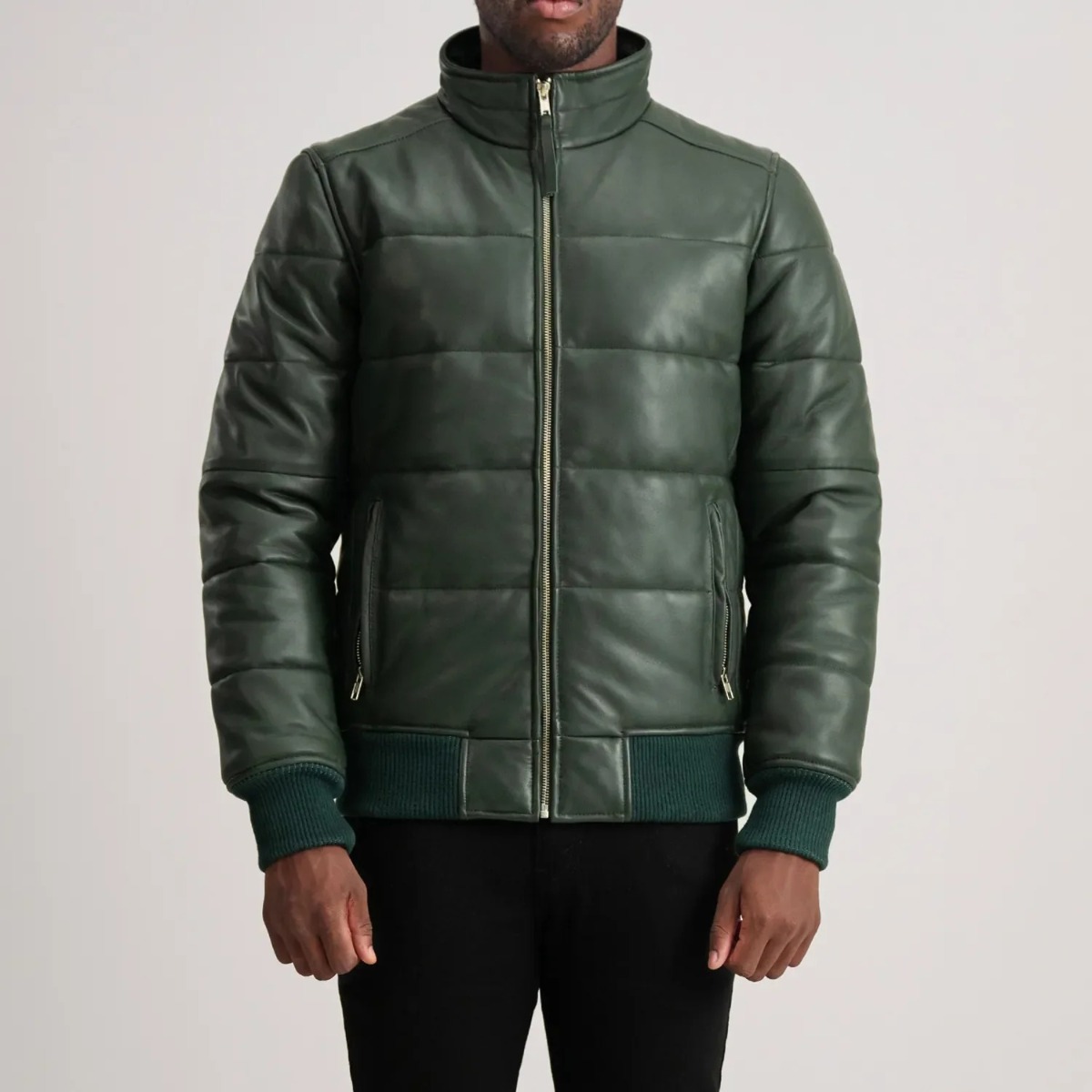 Lucas Green Leather Puffer Bomber Jacket - Image 4