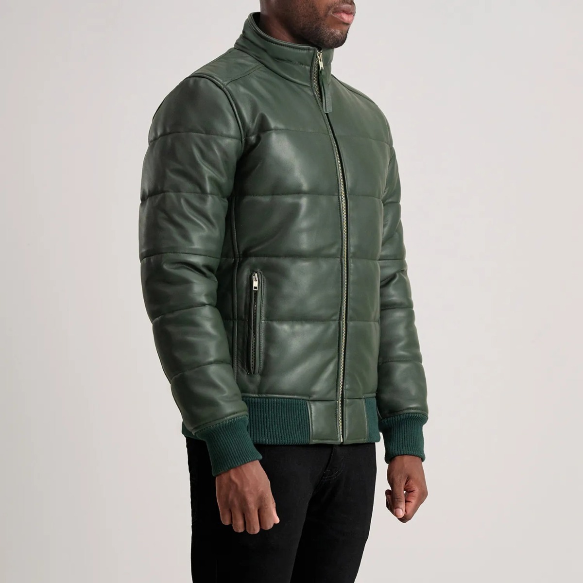 Lucas Green Leather Puffer Bomber Jacket - Image 7