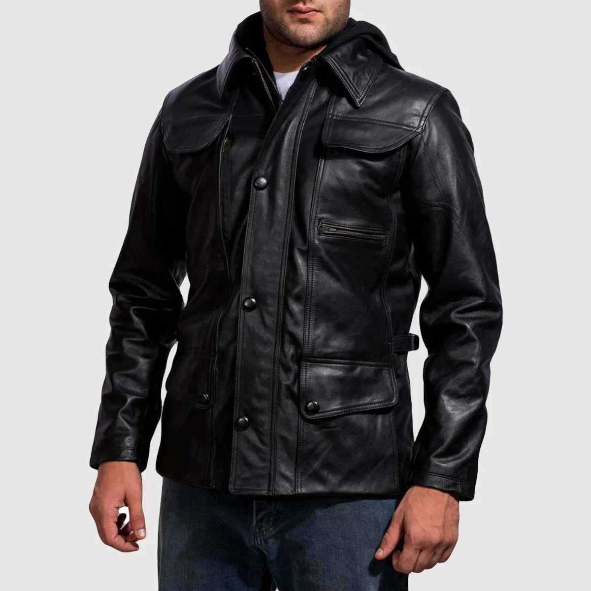 Moulder Hooded Black Leather Jacket - Image 3