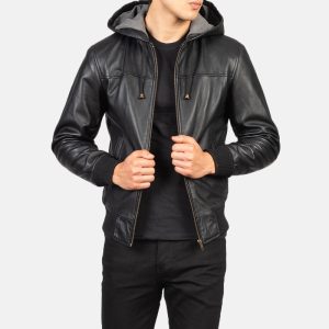 Nintenzo Black Hooded Leather Bomber Jackets