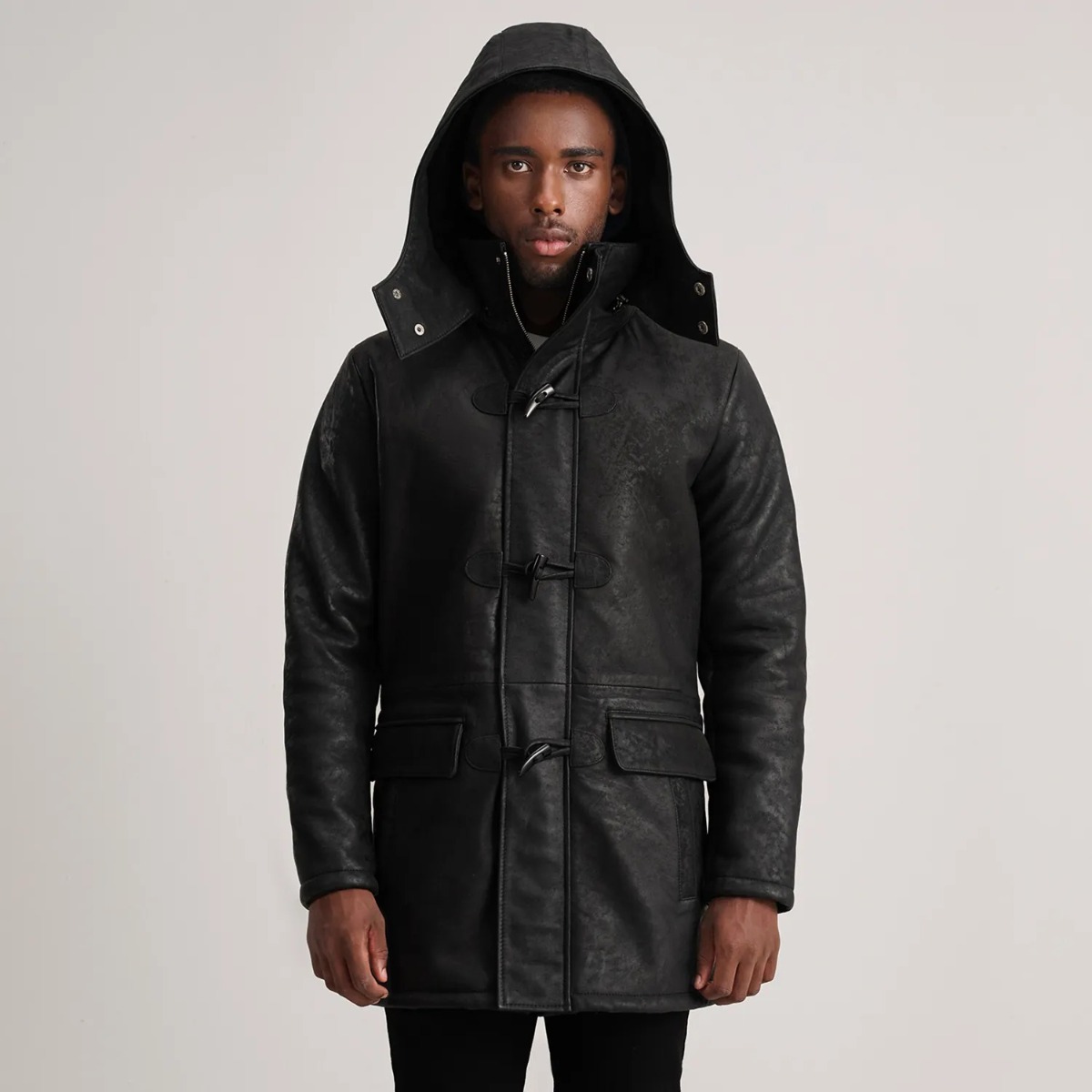 Nolan Distressed Black Leather Duffle Coat - Image 2