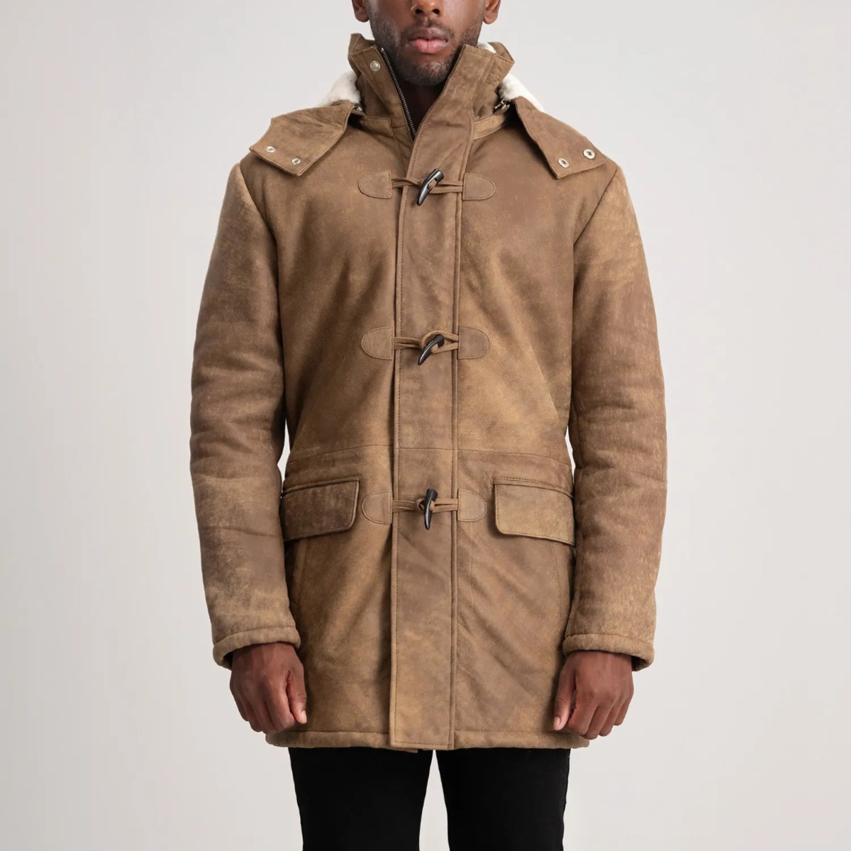 Nolan Tumbled Brown Leather Duffle Coats - Image 3