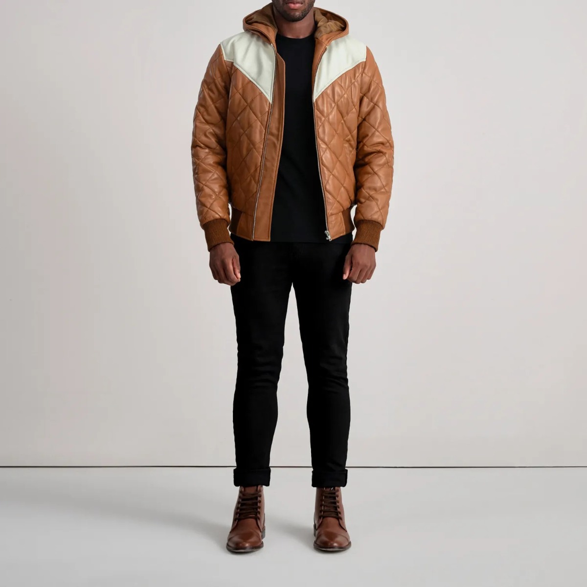 Norman Brown Hooded Bomber Leather Puffer Jacket - Image 3