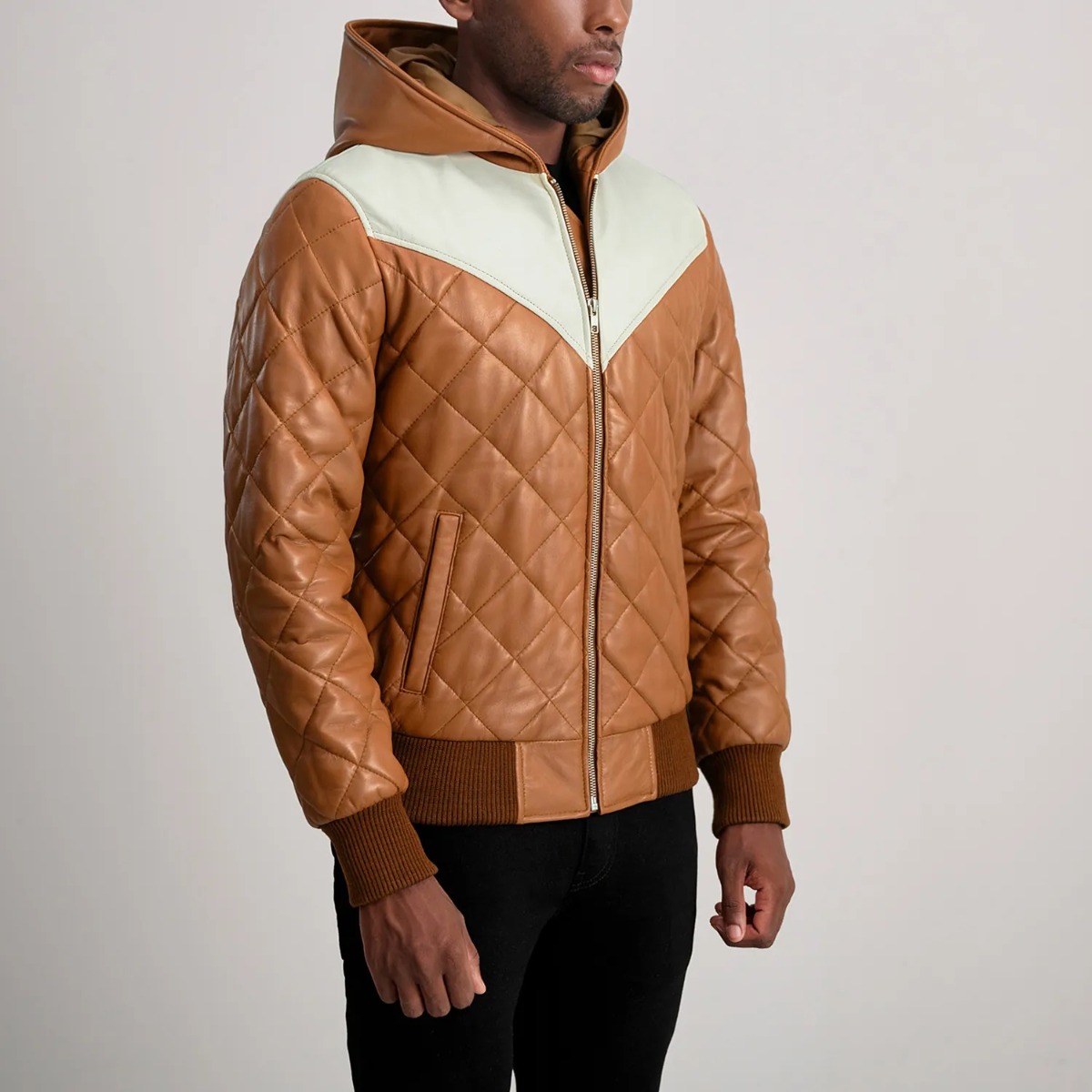 Norman Brown Hooded Bomber Leather Puffer Jacket - Image 5
