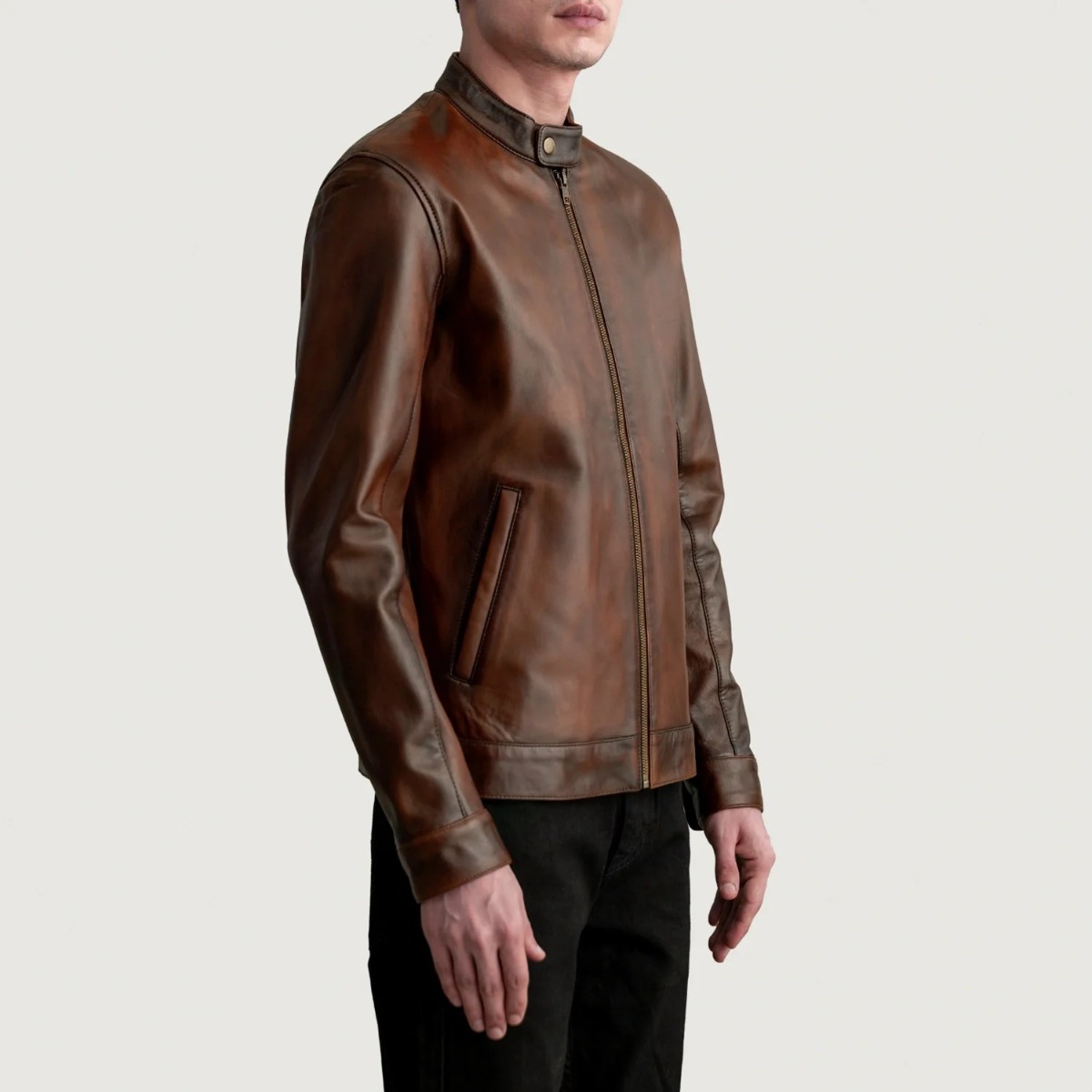 Zen Distressed Brown Leather Biker Jacket - Image 5