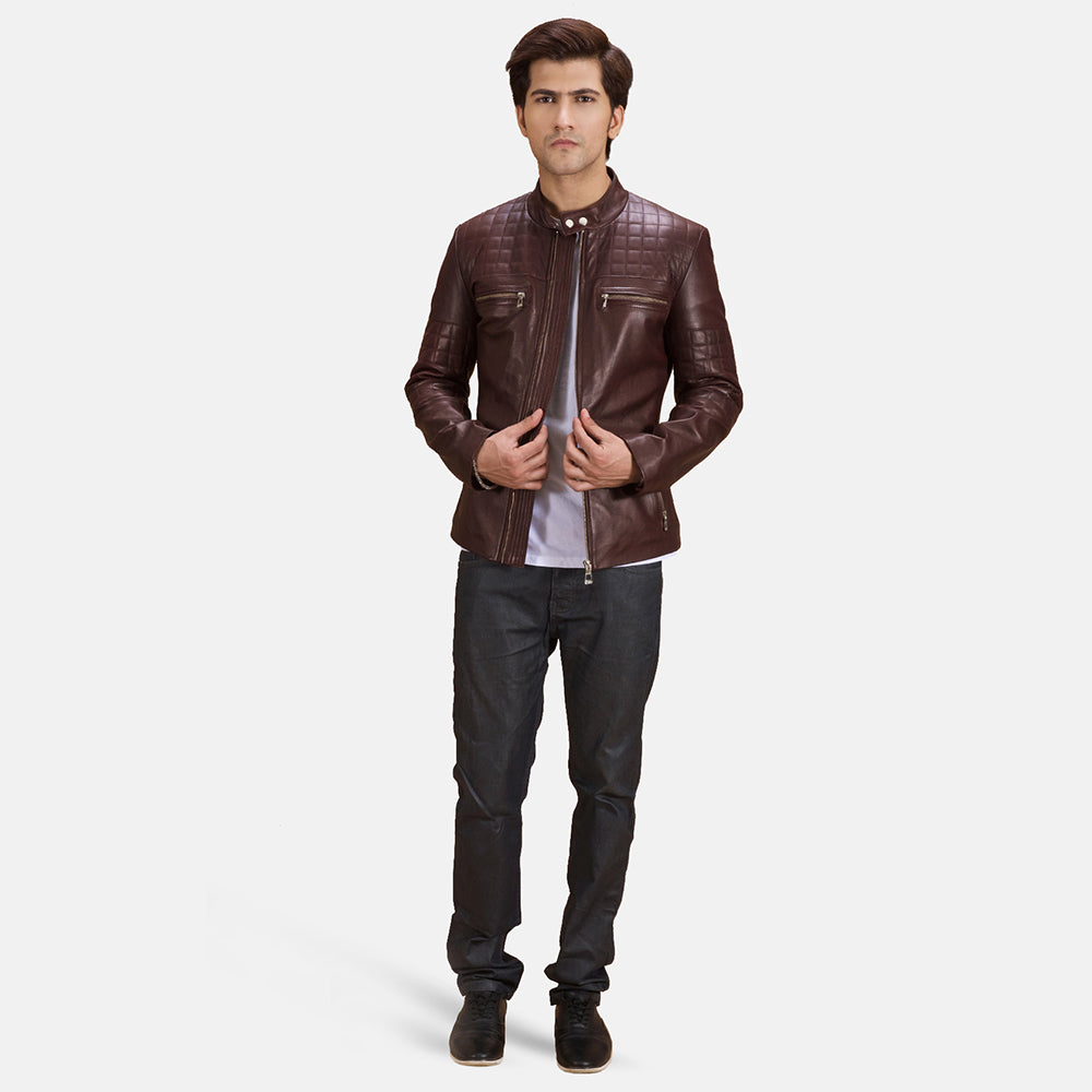Urbane Quilted Maroon Leather Biker Jackets - Image 2