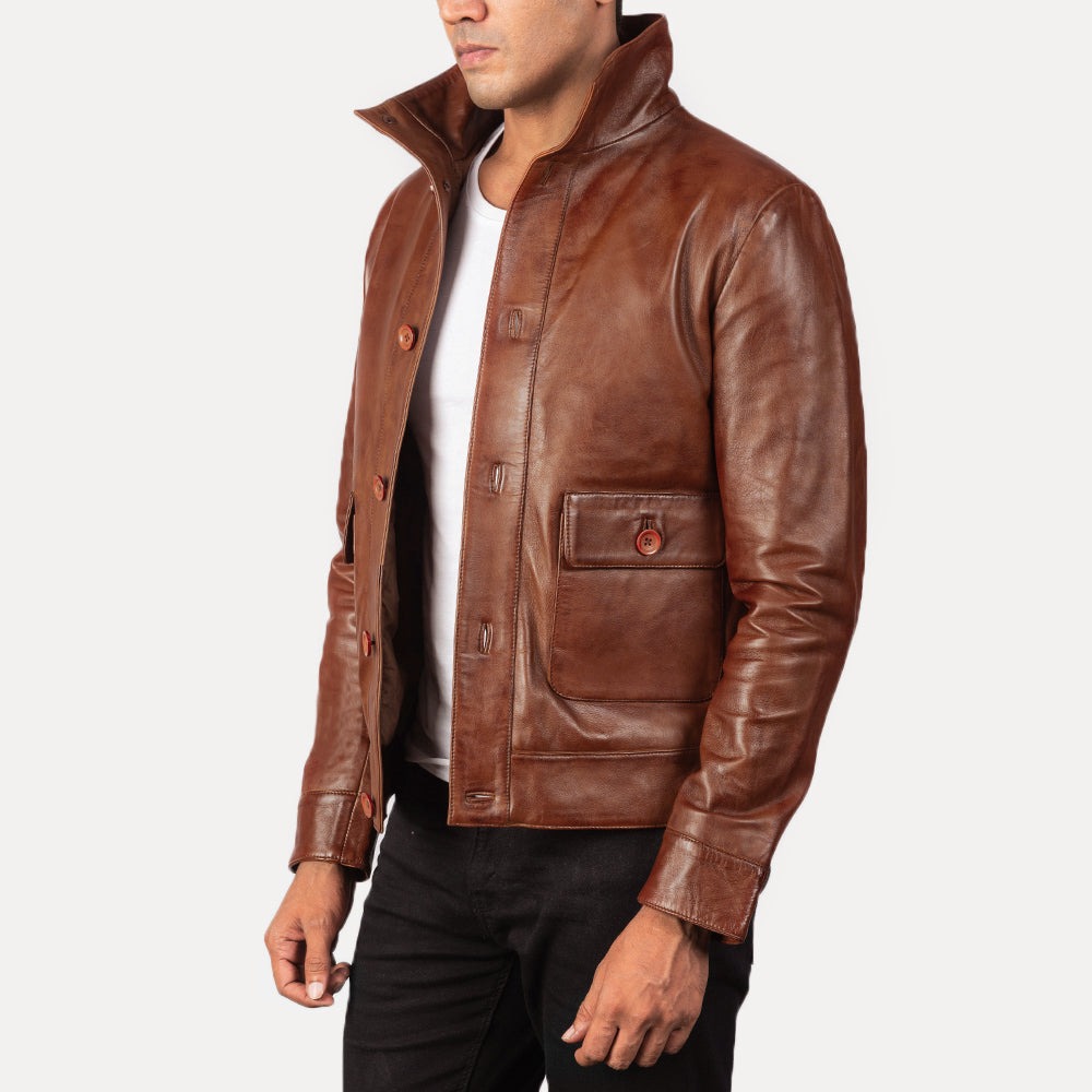 Columbus Brown Leather Bomber Jacket - Image 3