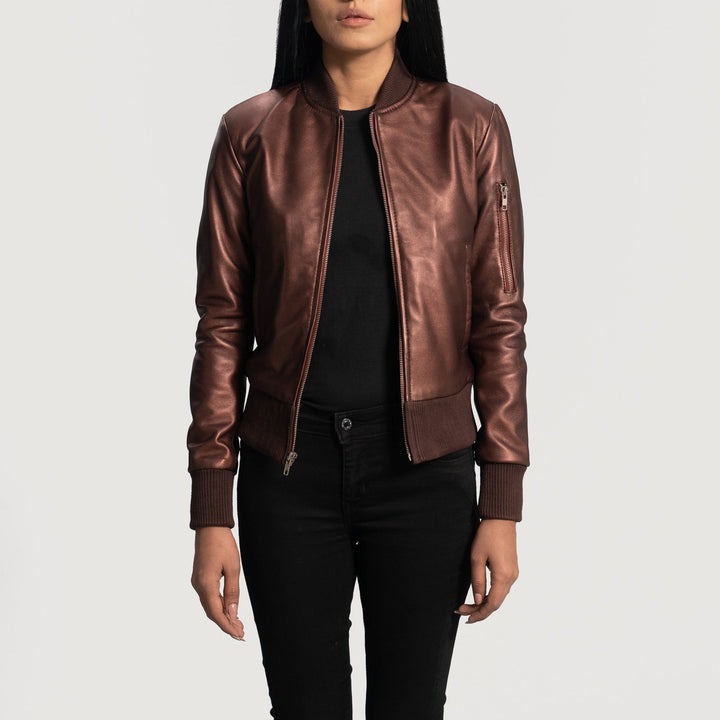 Reida Maroon Leather Bomber Jackets - Image 2