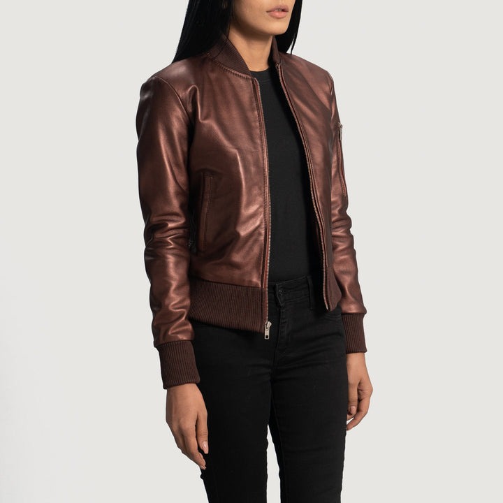 Reida Maroon Leather Bomber Jacket - Image 2