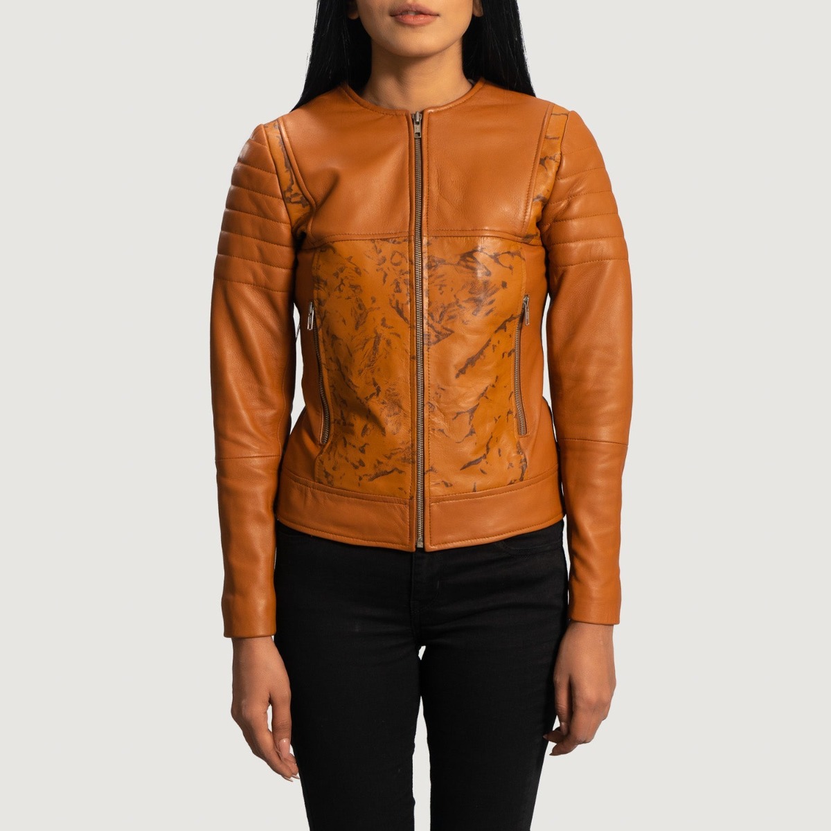Sandy Tan Dye Leather Biker Jackets - Image 7