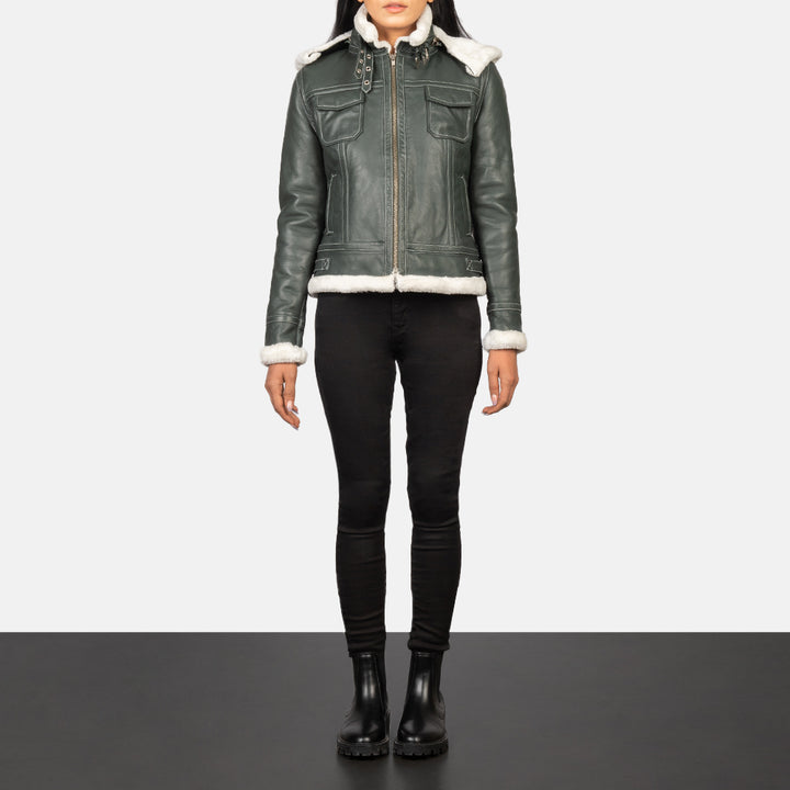 Fiona Green Hooded Shearling Leather Jackets - Image 2