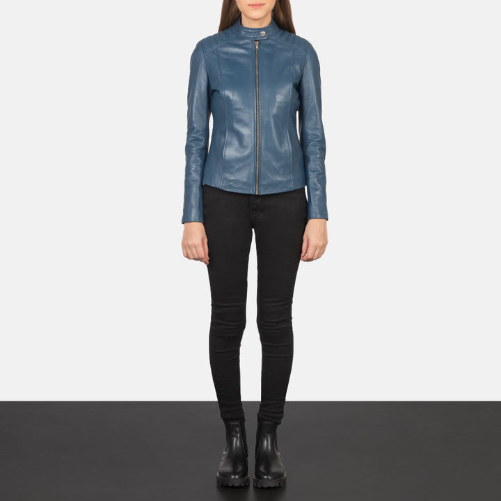Kelsee Blue Leather Biker Jackets - Image 3