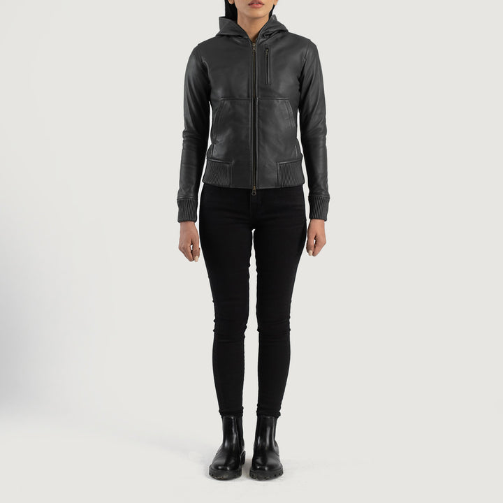 Luna Black Hooded Leather Bomber Jackets - Image 2