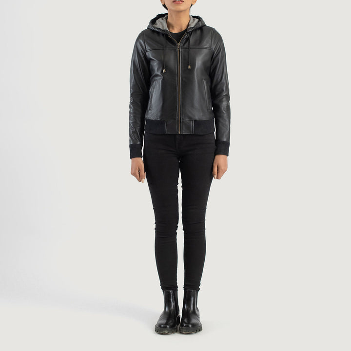 Rebella Black Hooded Leather Bomber Jackets - Image 5