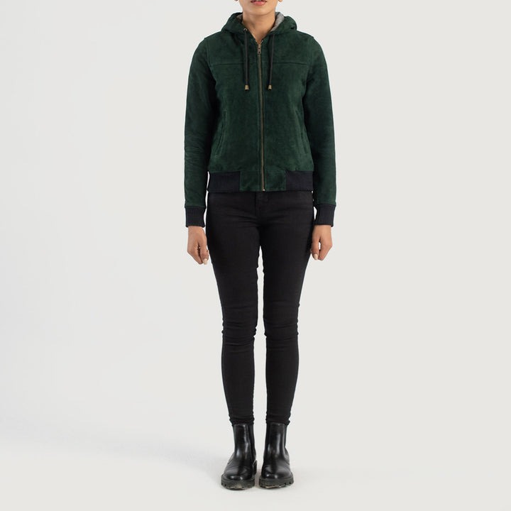 Rebella Green Hooded Suede Bomber Jacket - Image 2