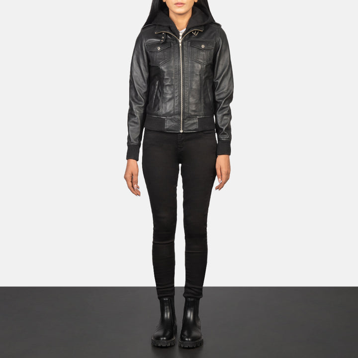 Roslyn Black Hooded Leather Bomber Jackets - Image 2
