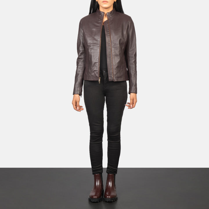 Rumella Maroon Leather Biker Jacket - Image 5