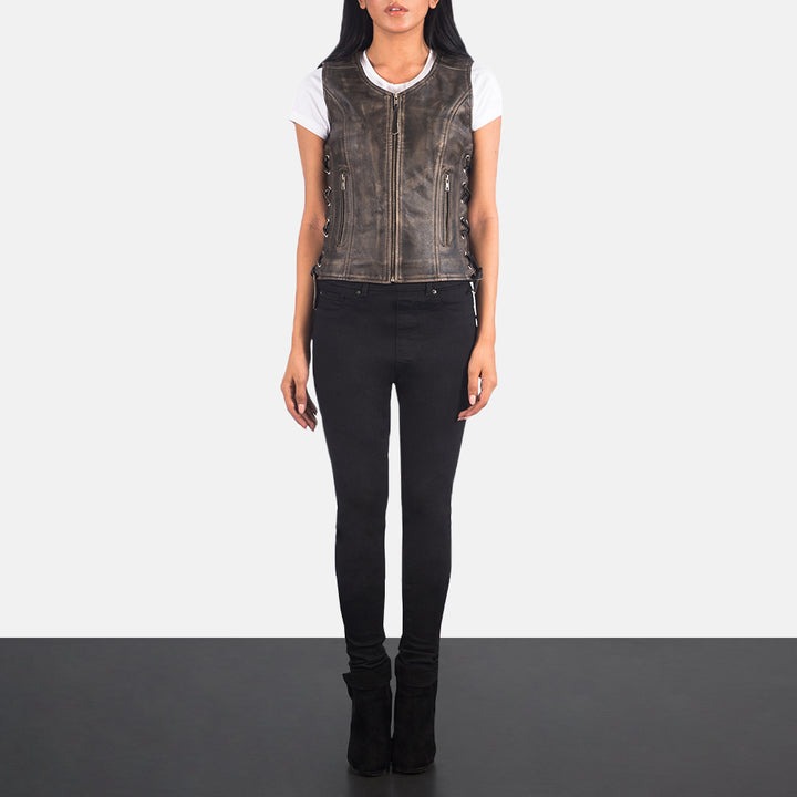 Vanda Distressed Brown Leather Biker Vest - Image 6
