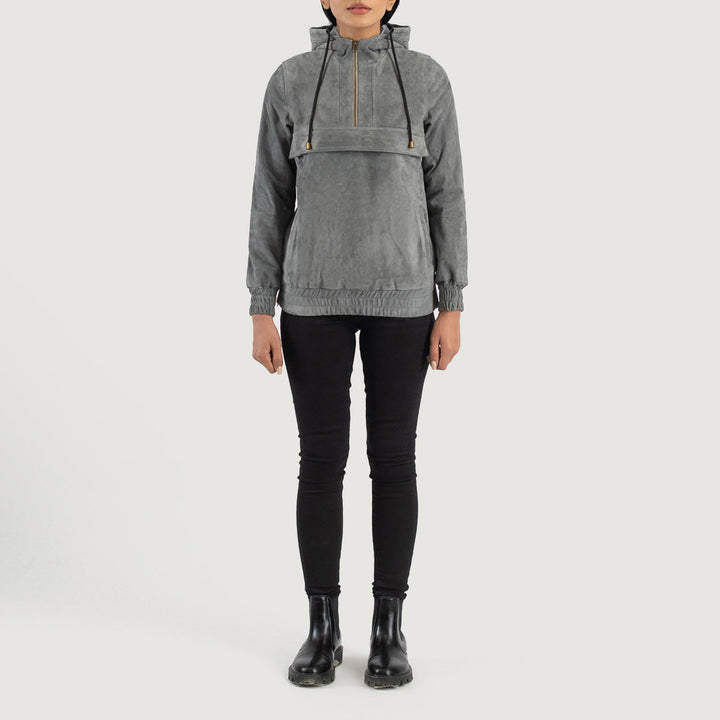 Zest Grey Hooded Suede Pullover Jacket - Image 2