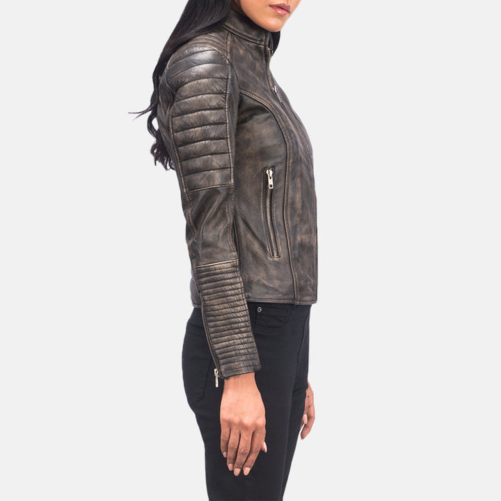 Adalyn Quilted Distressed Brown Leather Biker Jackets - Image 2