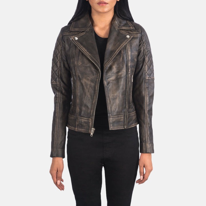 Carolyn Quilted Distressed Brown Biker Jackets - Image 4