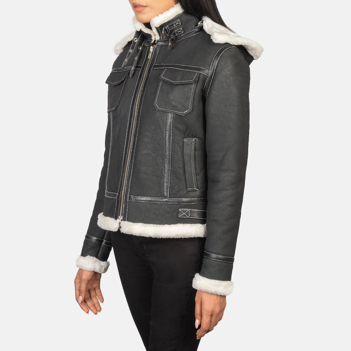Fiona Black Hooded Shearling Leather Jacket - Image 5