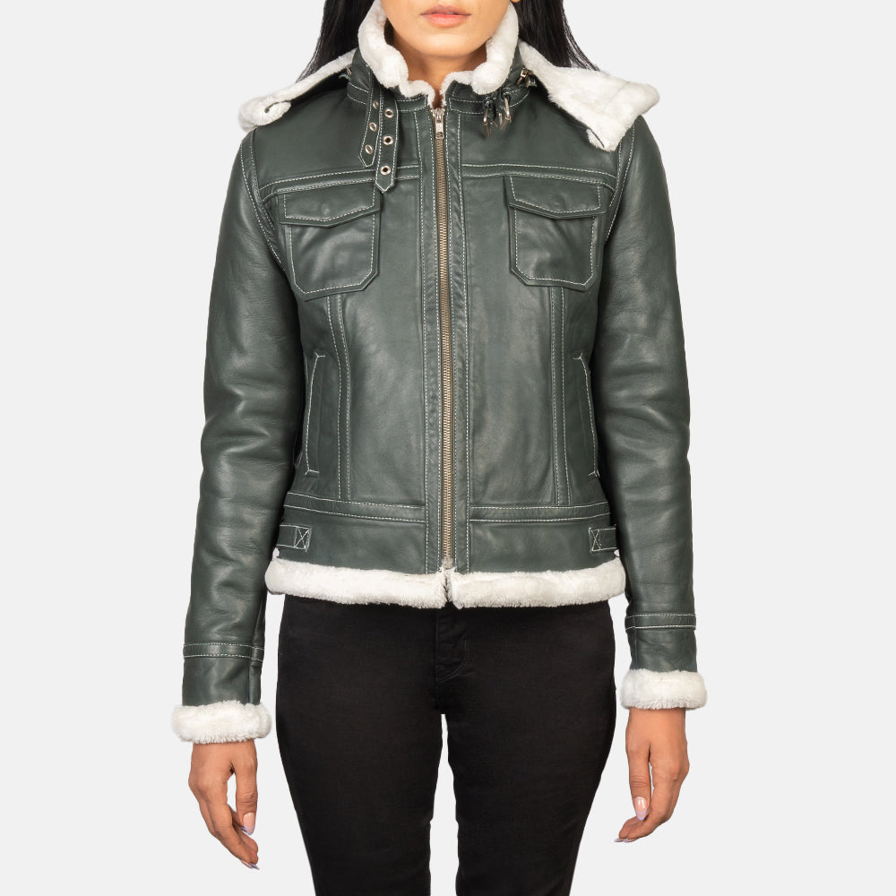 Fiona Green Hooded Shearling Leather Jackets
