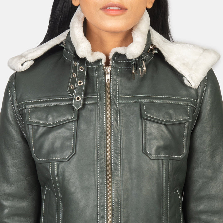 Fiona Green Hooded Shearling Leather Jackets - Image 3