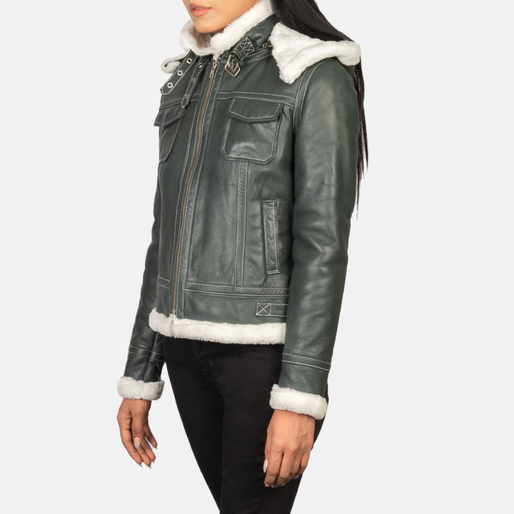 Fiona Green Hooded Shearling Leather Jackets - Image 5