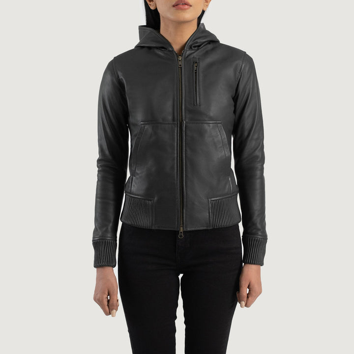 Luna Black Hooded Leather Bomber Jackets - Image 3