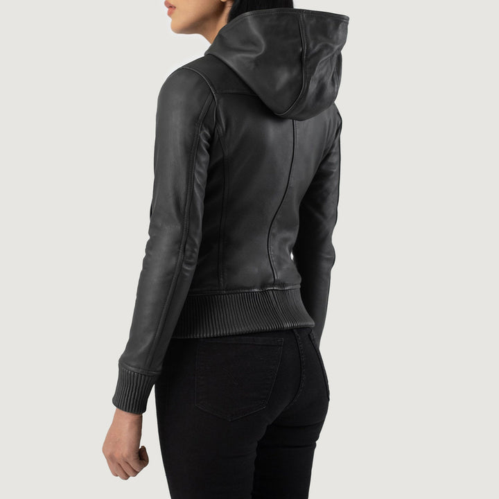 Luna Black Hooded Leather Bomber Jackets - Image 5