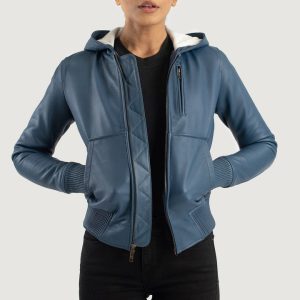 Luna Blue Hooded Leather Bomber Jackets