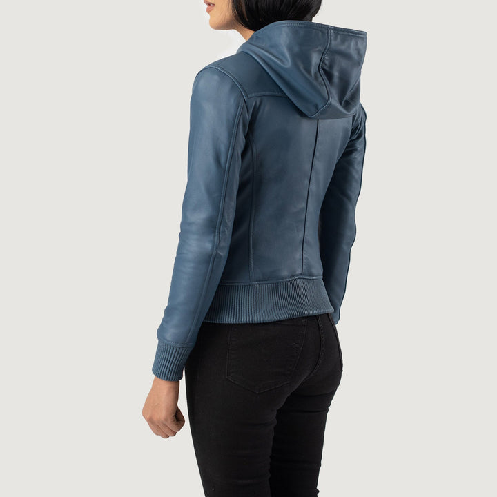 Luna Blue Hooded Leather Bomber Jackets - Image 5