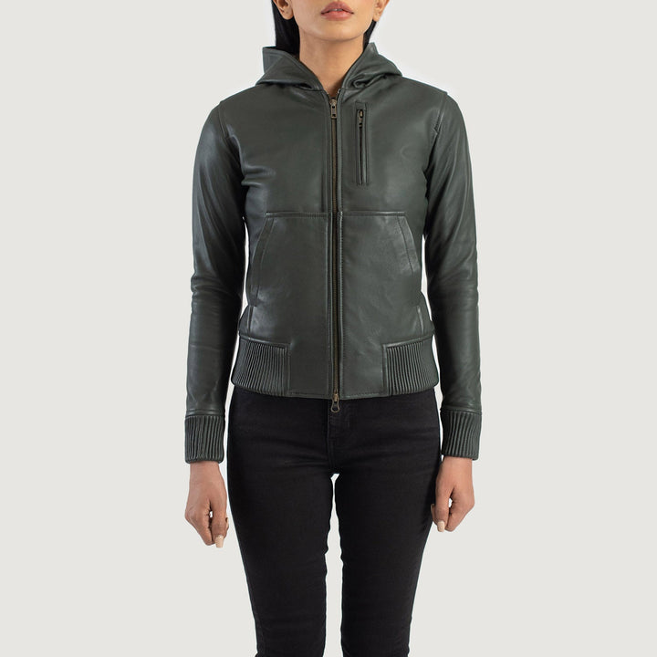 Luna Green Hooded Leather Bomber Jackets - Image 3