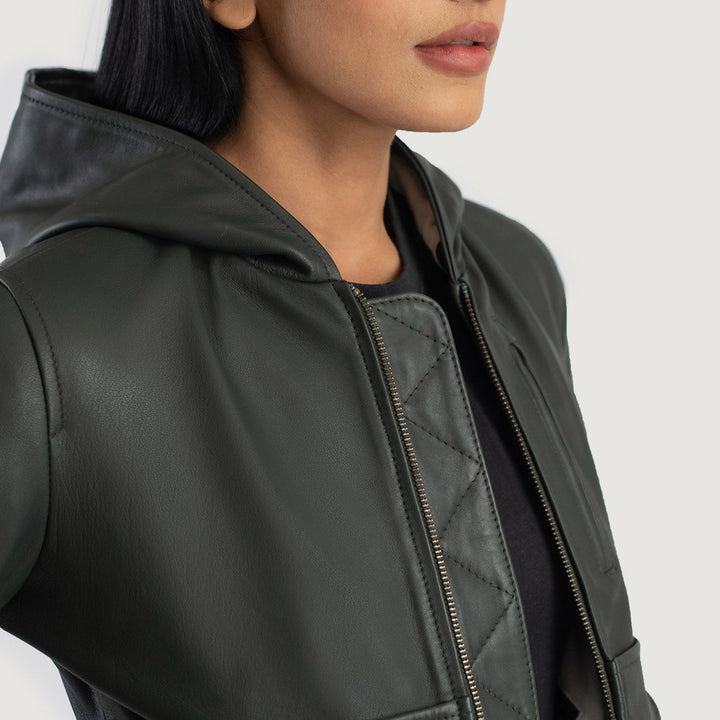 Luna Green Hooded Leather Bomber Jackets - Image 6