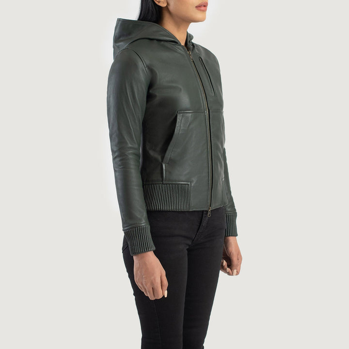 Luna Green Hooded Leather Bomber Jackets - Image 4