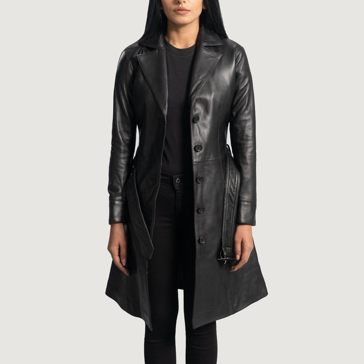 Moonlight Black Leather Trench Coat - Image 4