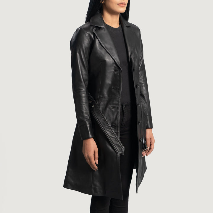 Moonlight Black Leather Trench Coat - Image 3