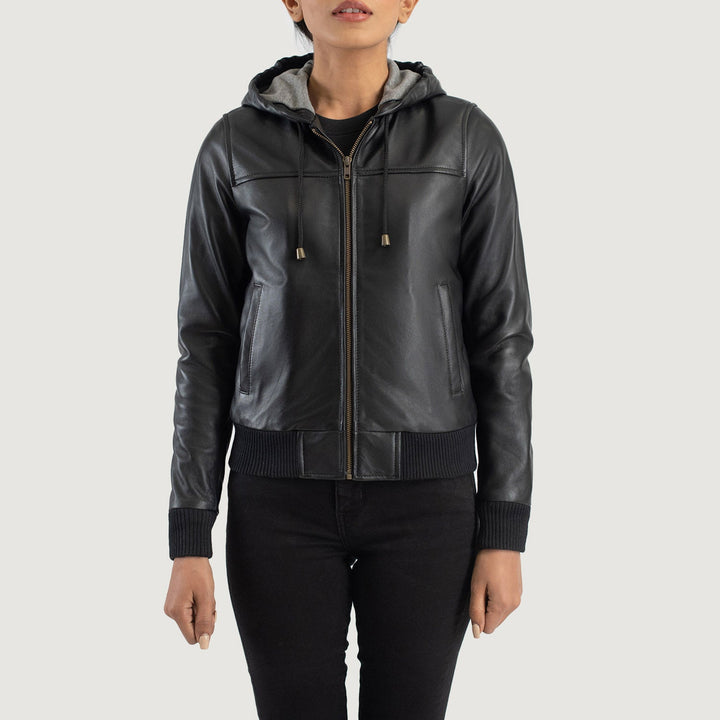 Rebella Black Hooded Leather Bomber Jackets - Image 4