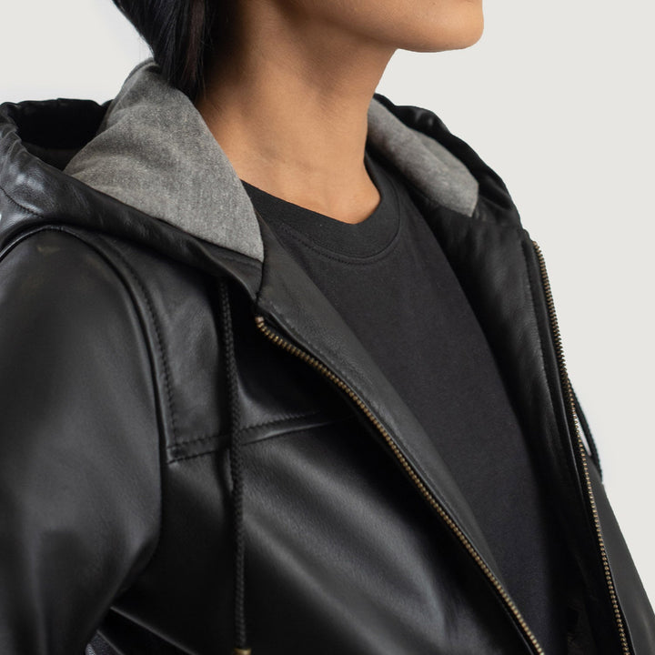 Rebella Black Hooded Leather Bomber Jackets - Image 6