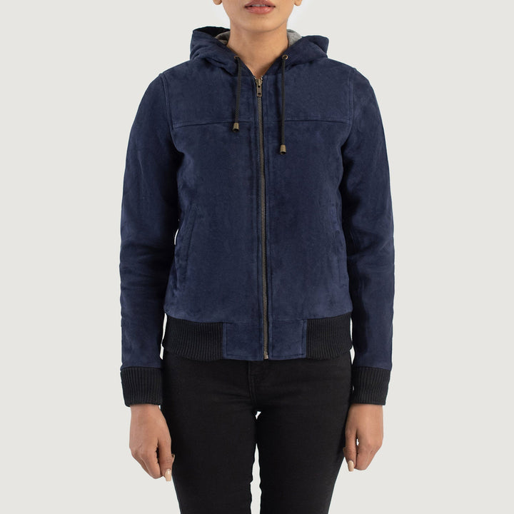 Rebella Blue Hooded Suede Bomber Jacket - Image 3