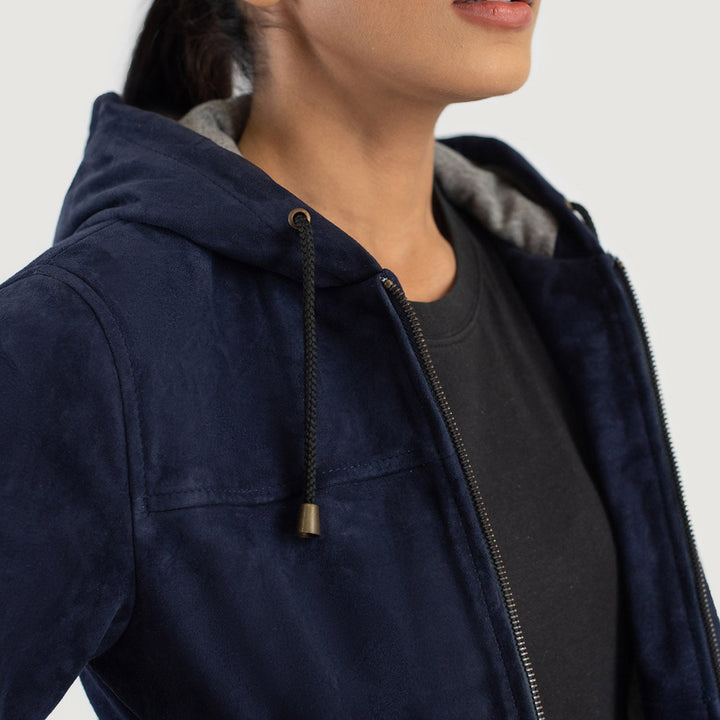 Rebella Blue Hooded Suede Bomber Jacket - Image 6
