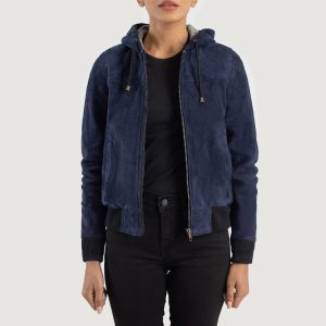 Rebella Blue Hooded Leather Bomber Jackets